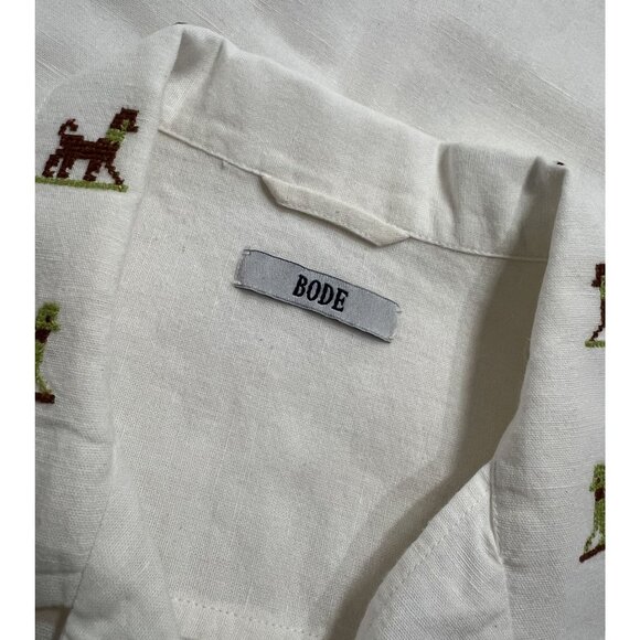 BODE Linen Blend Dog Embroidered Shirt in White - Picture 3 of 4